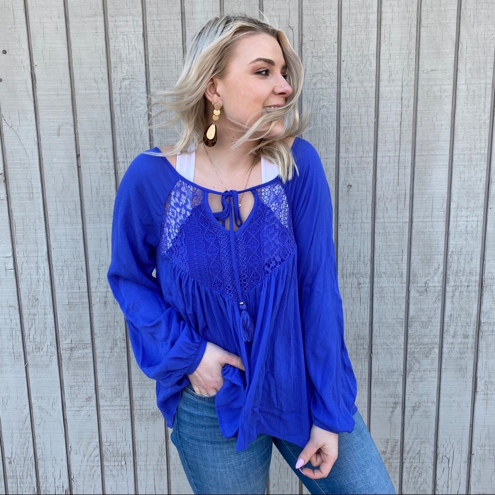 Double Zero Azure Gauze Blouse Blue Lace - Picture 7 of 8